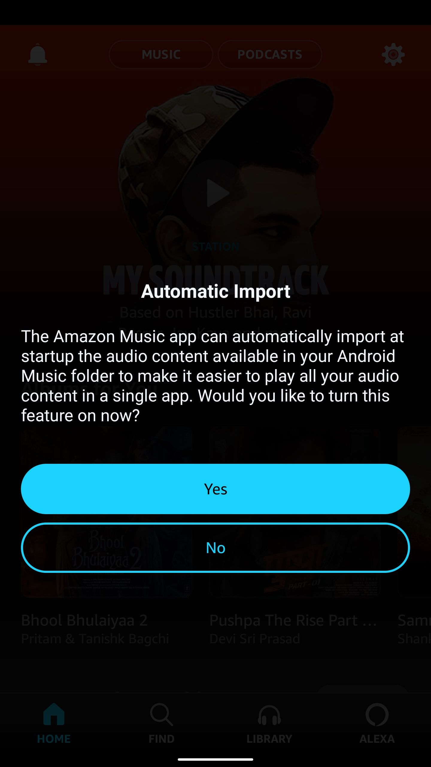The screenshot shows the Auto Import option during login to the Amazon Music app.