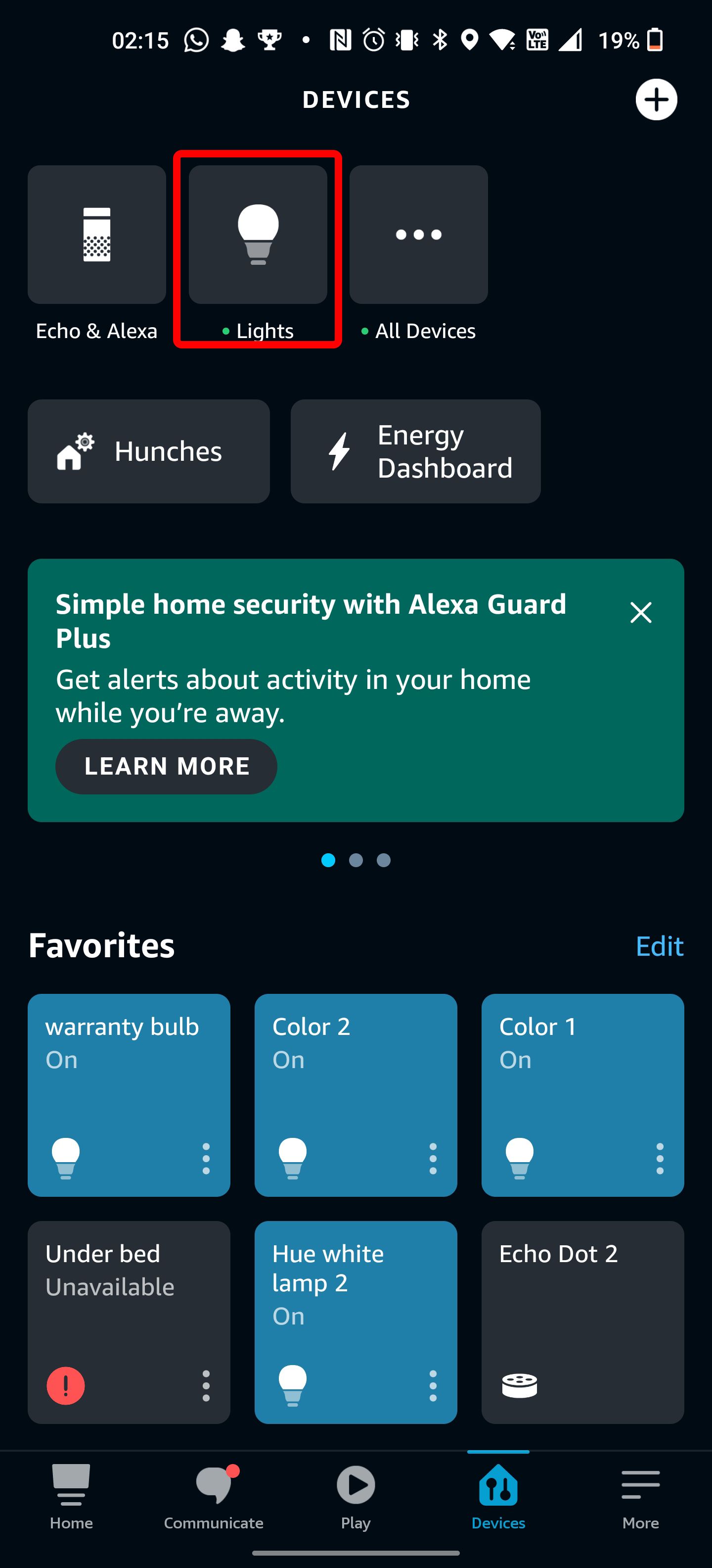 The Alexa app smart home lights menu.