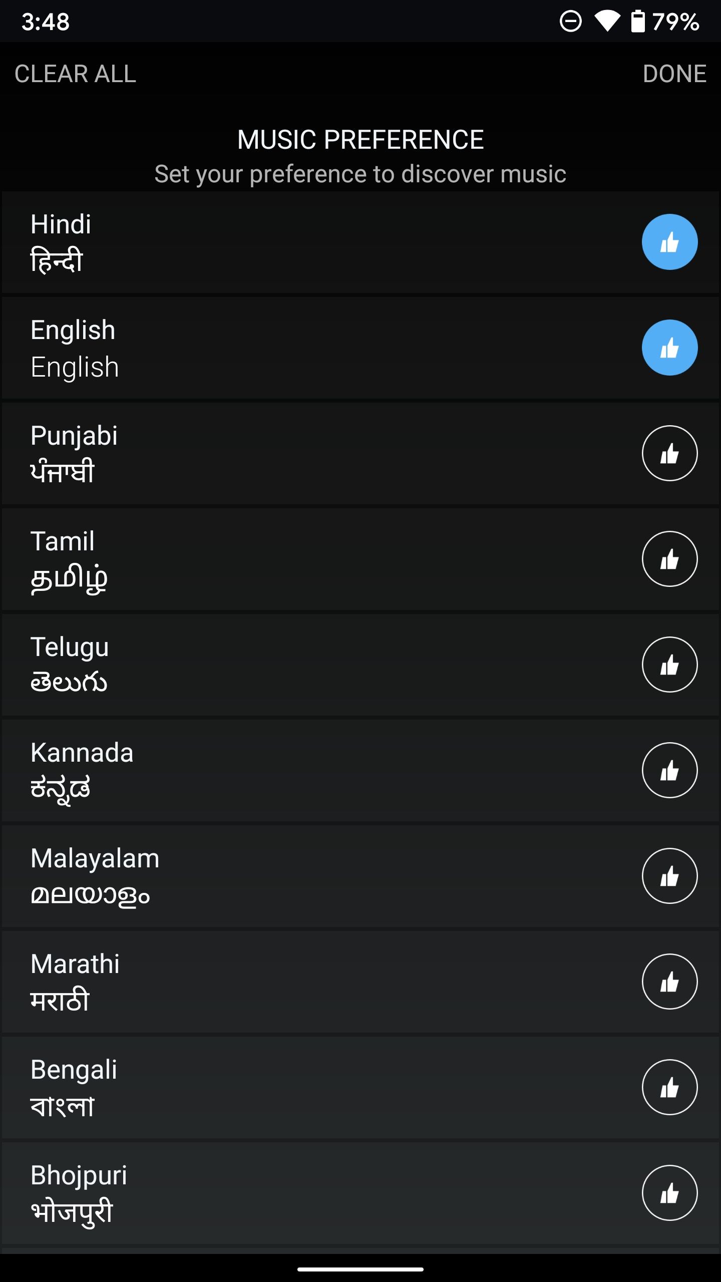 Music preferences in the Amazon Music app, some languages ​​have a thumbs up highlighted in blue.