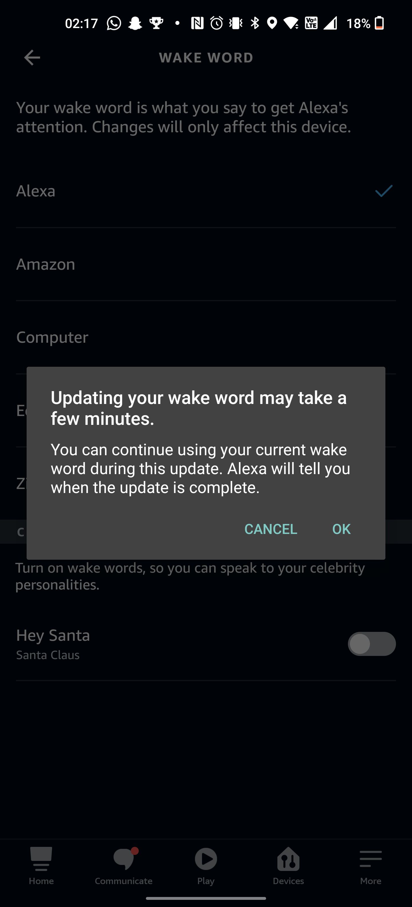 The Alexa app settings menu with a new wake word.