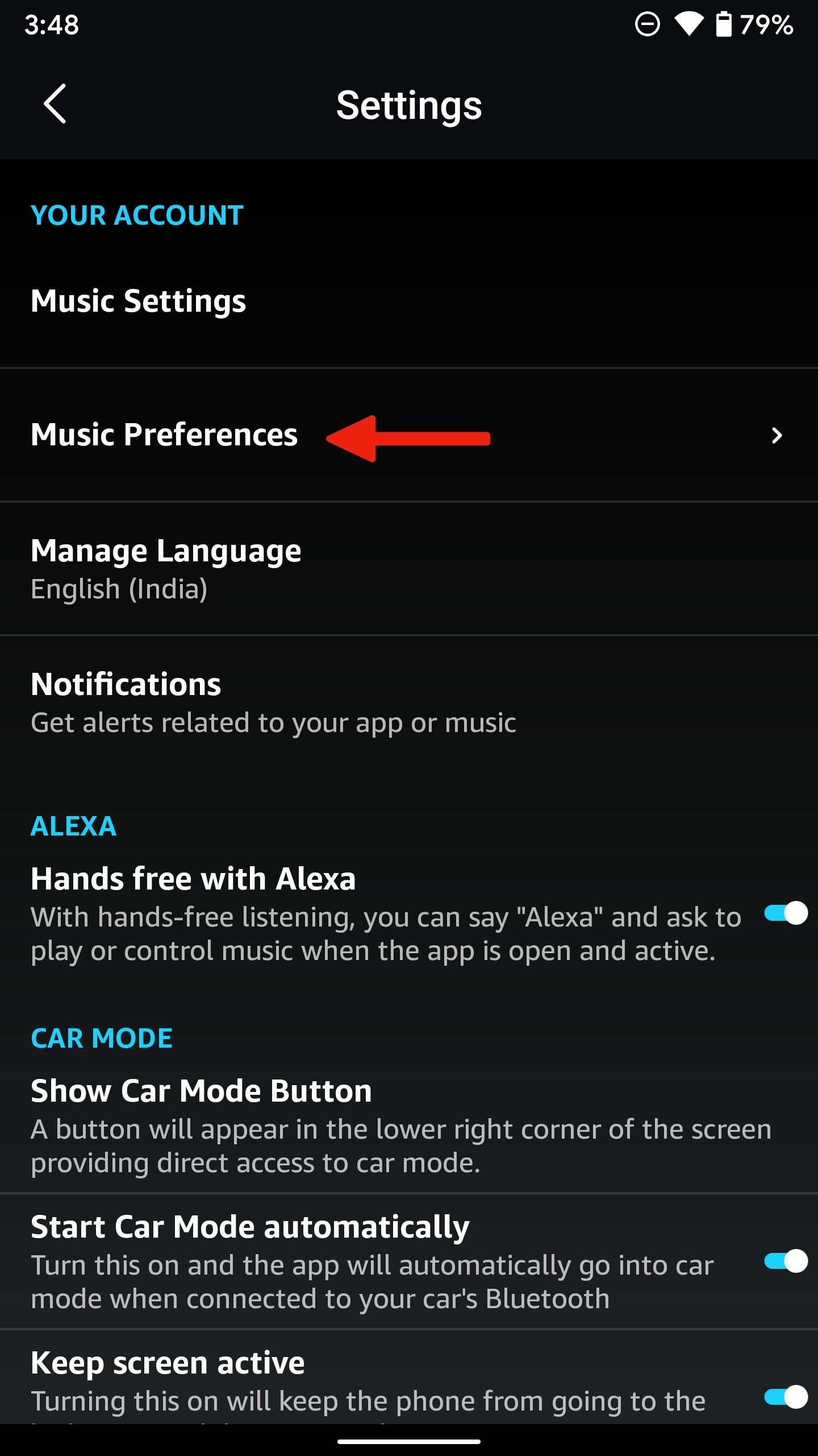 Settings page in the Amazon Music app with an arrow pointing to 