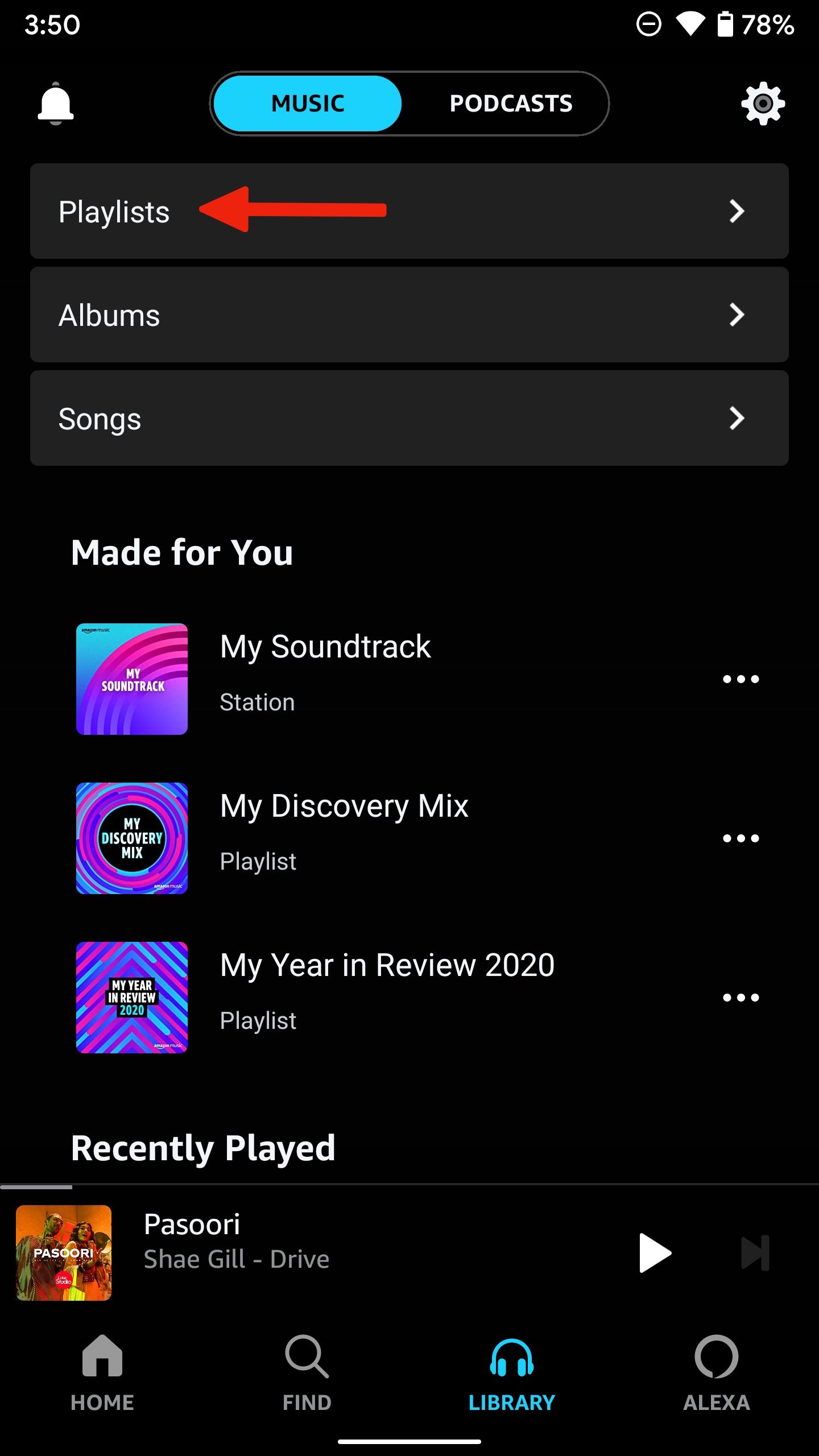 Library page in the Amazon Music app with an arrow pointing to 