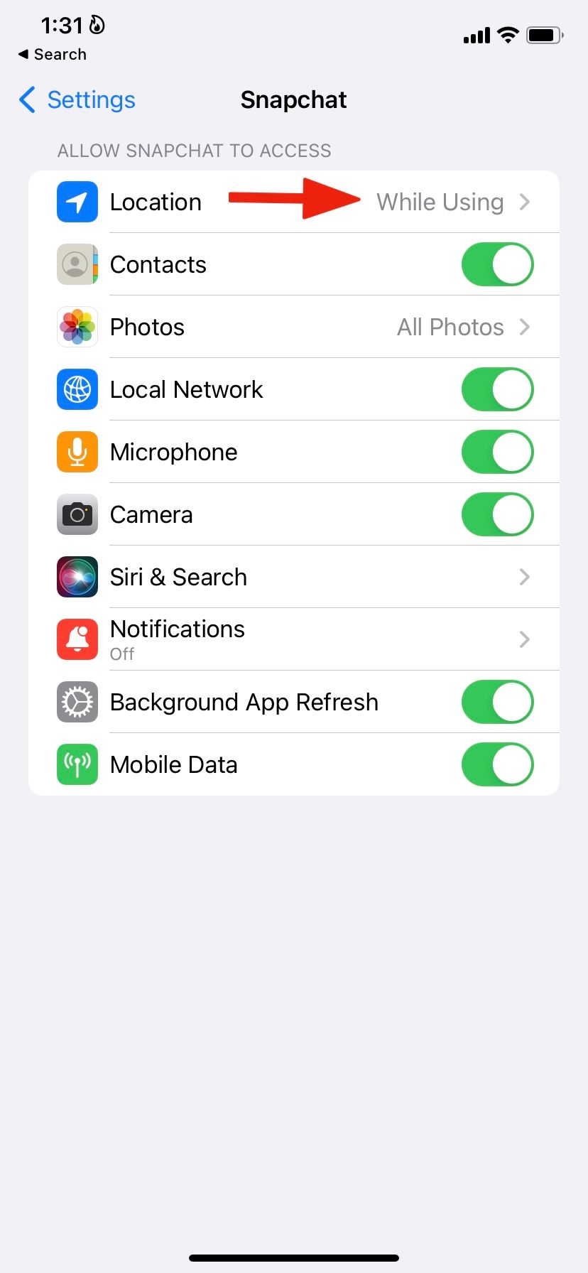Screenshot highlighting Location option in Snapchat