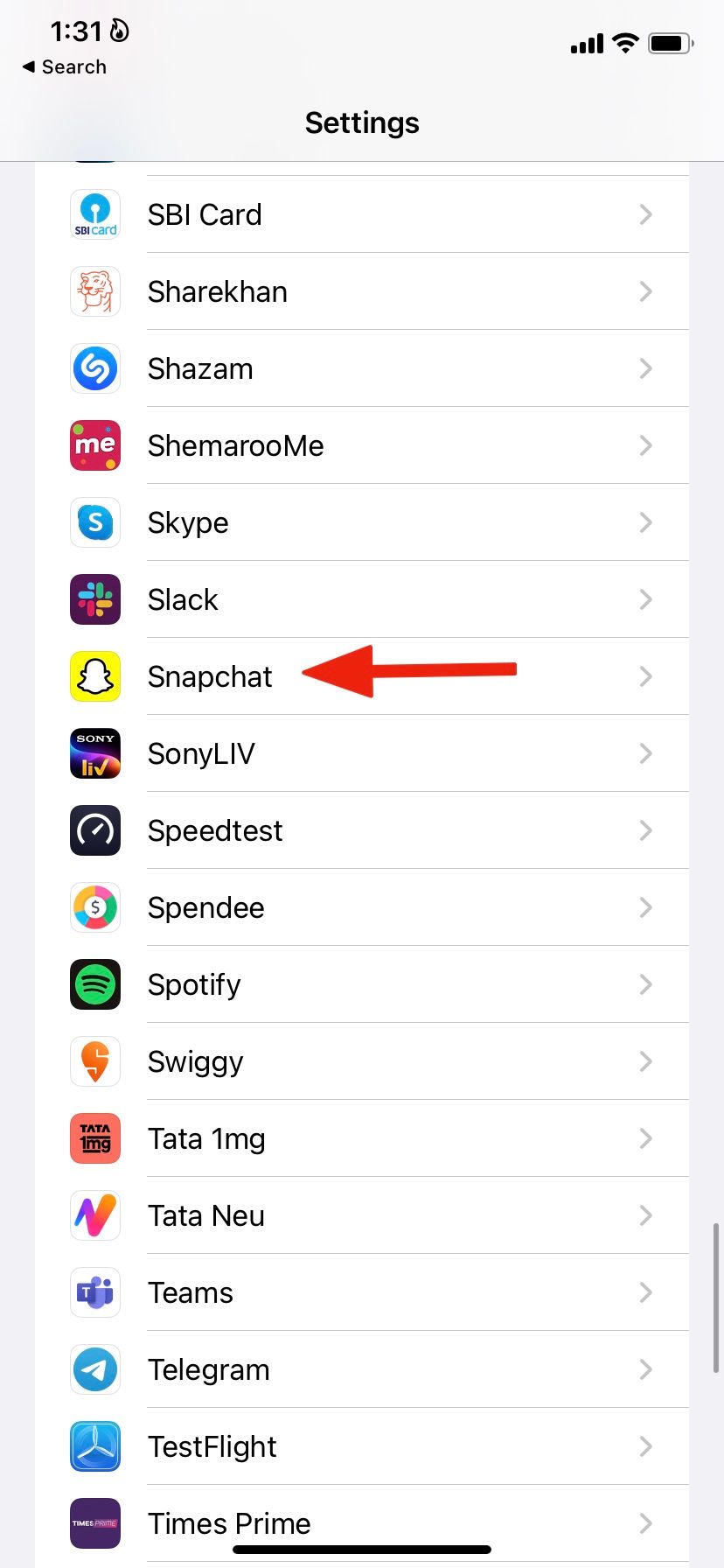 Screenshot highlighting Snapchat under iPhone Settings