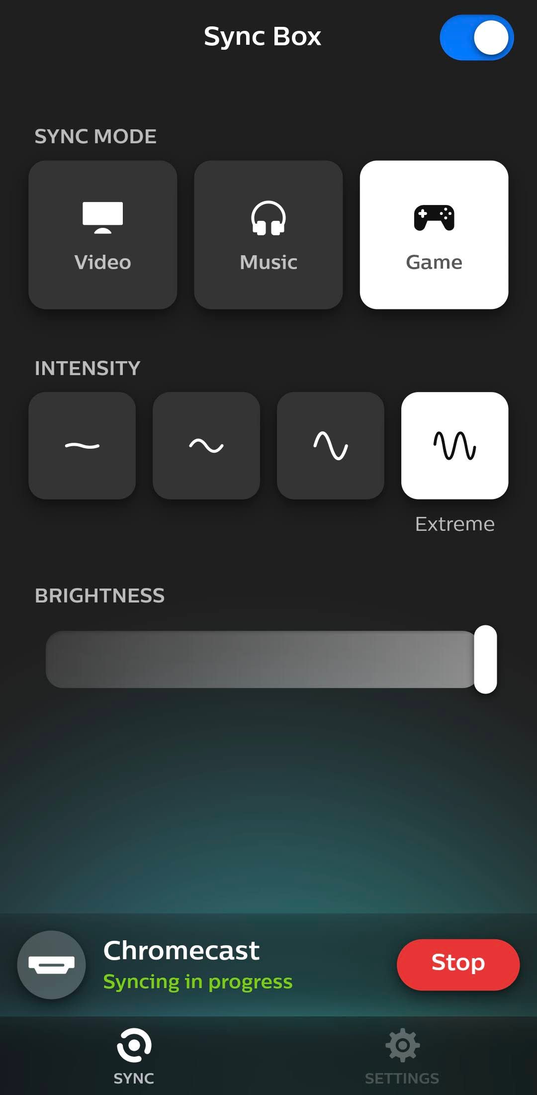 The main dashboard for the Philips Hue Sync app