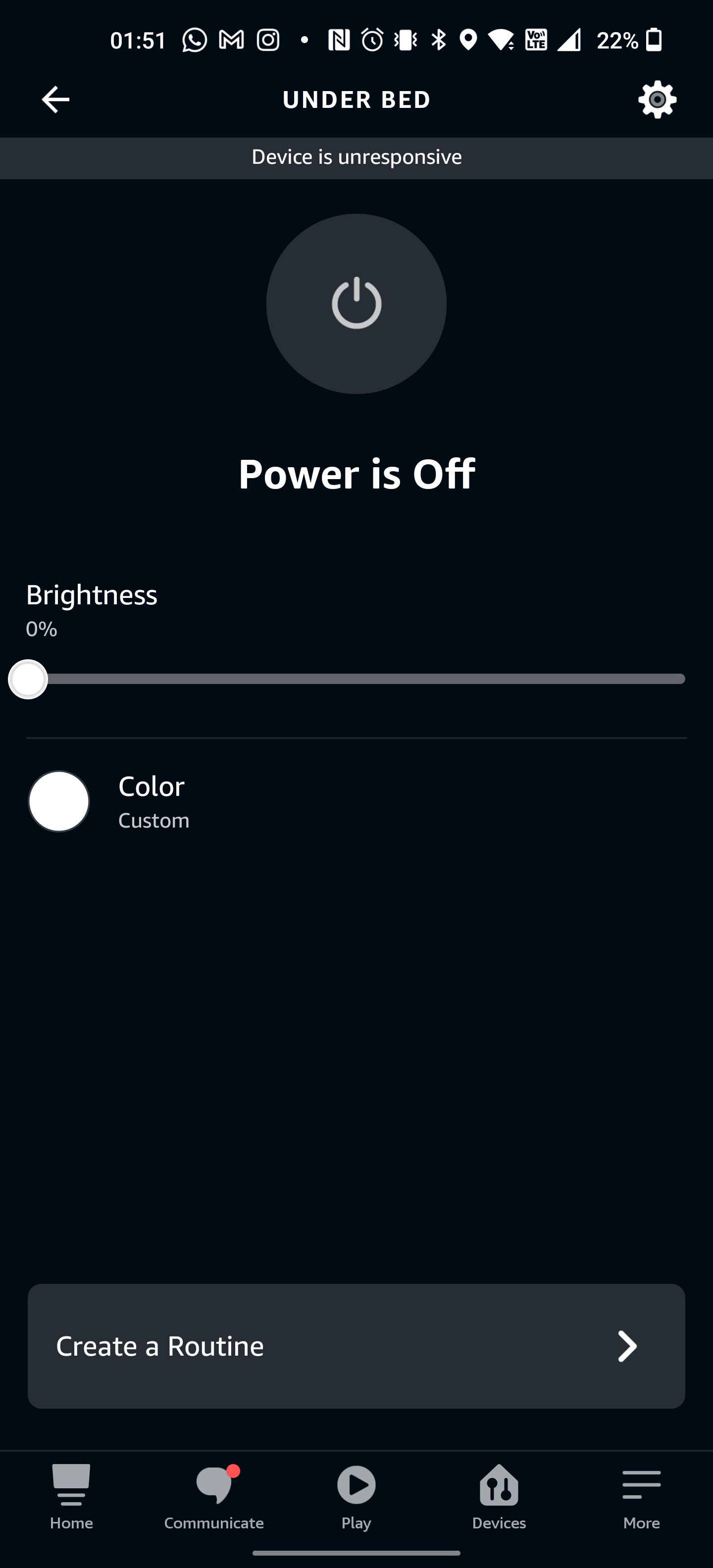 The Alexa app showing a power button for a smart bulb.