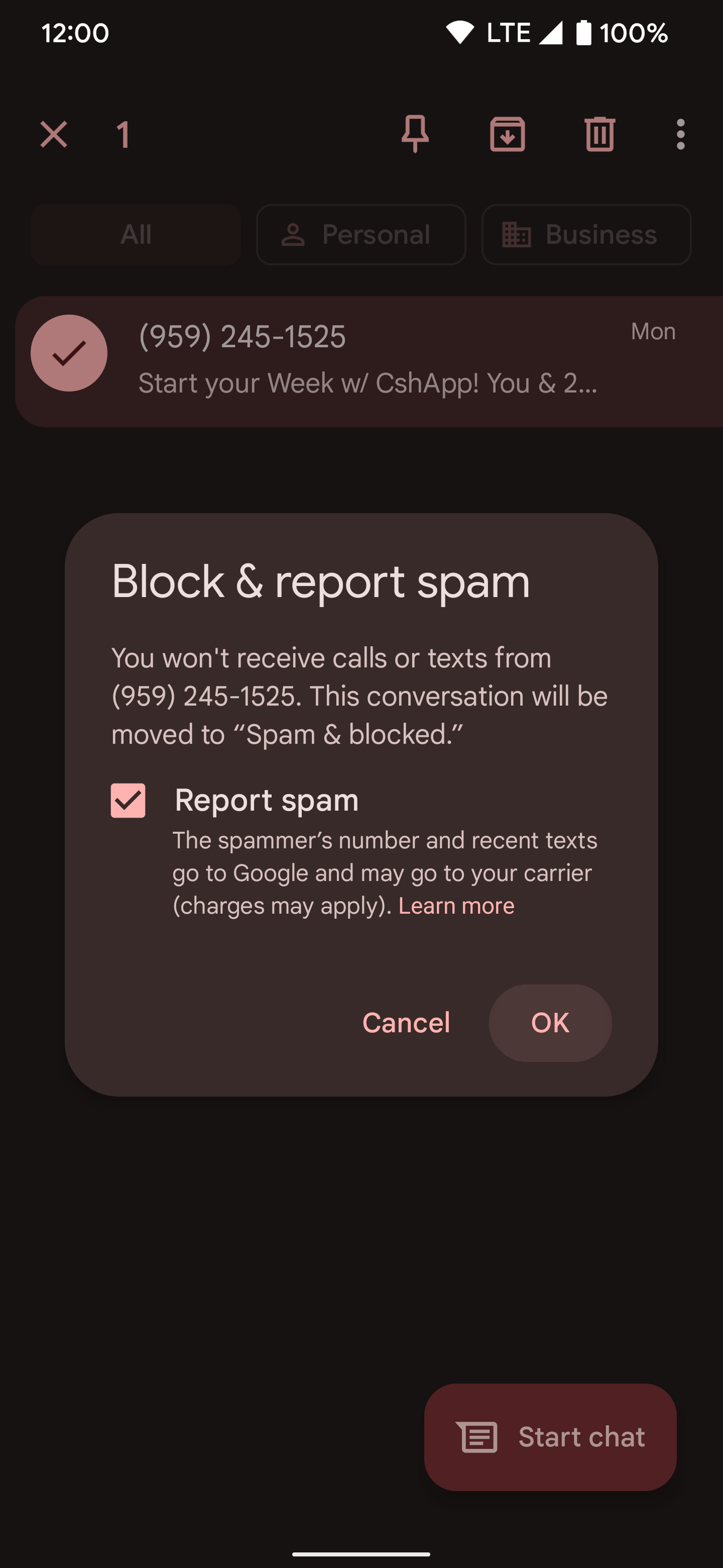 Screenshot of the 'Block & report spam' message on Android phone