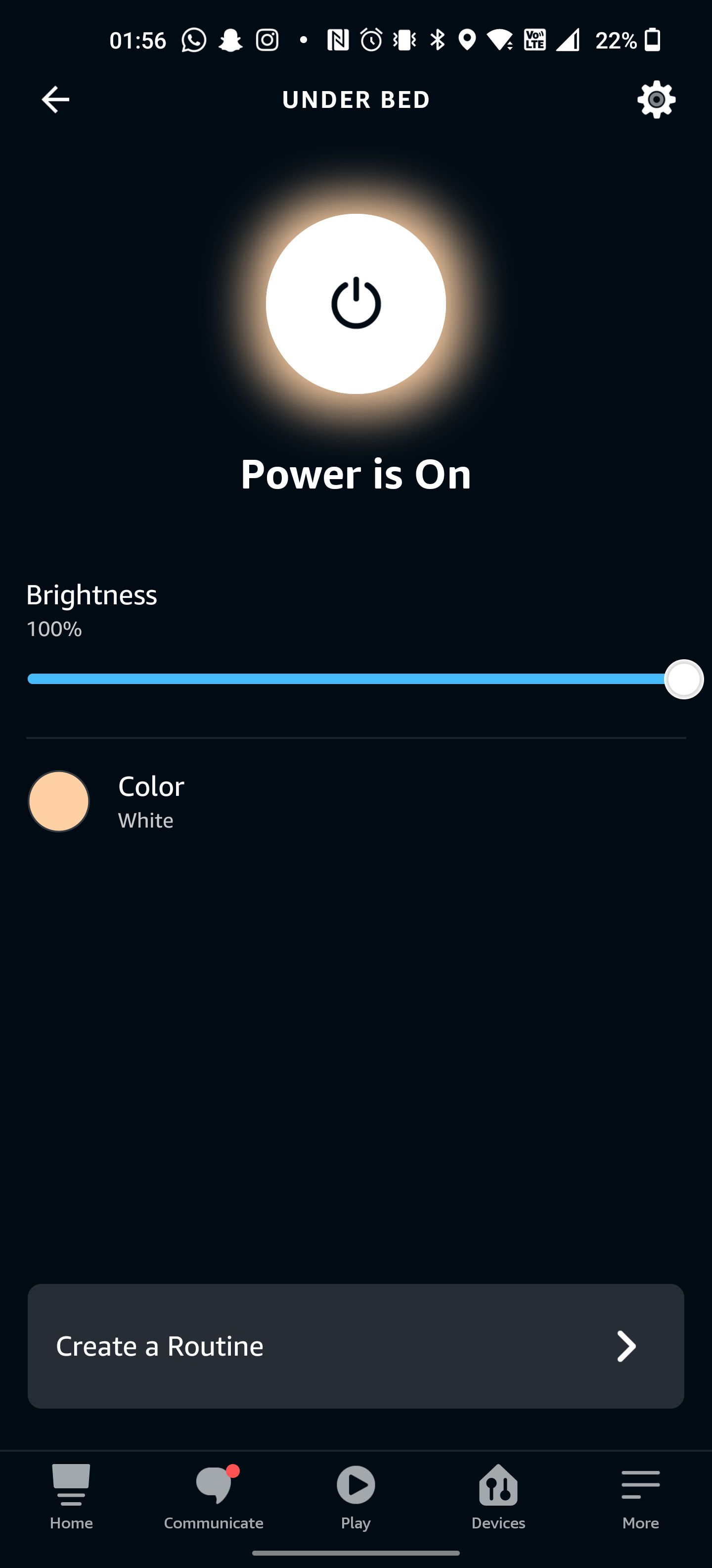 The Alexa app showing the smart bulb is on after being power cycled.