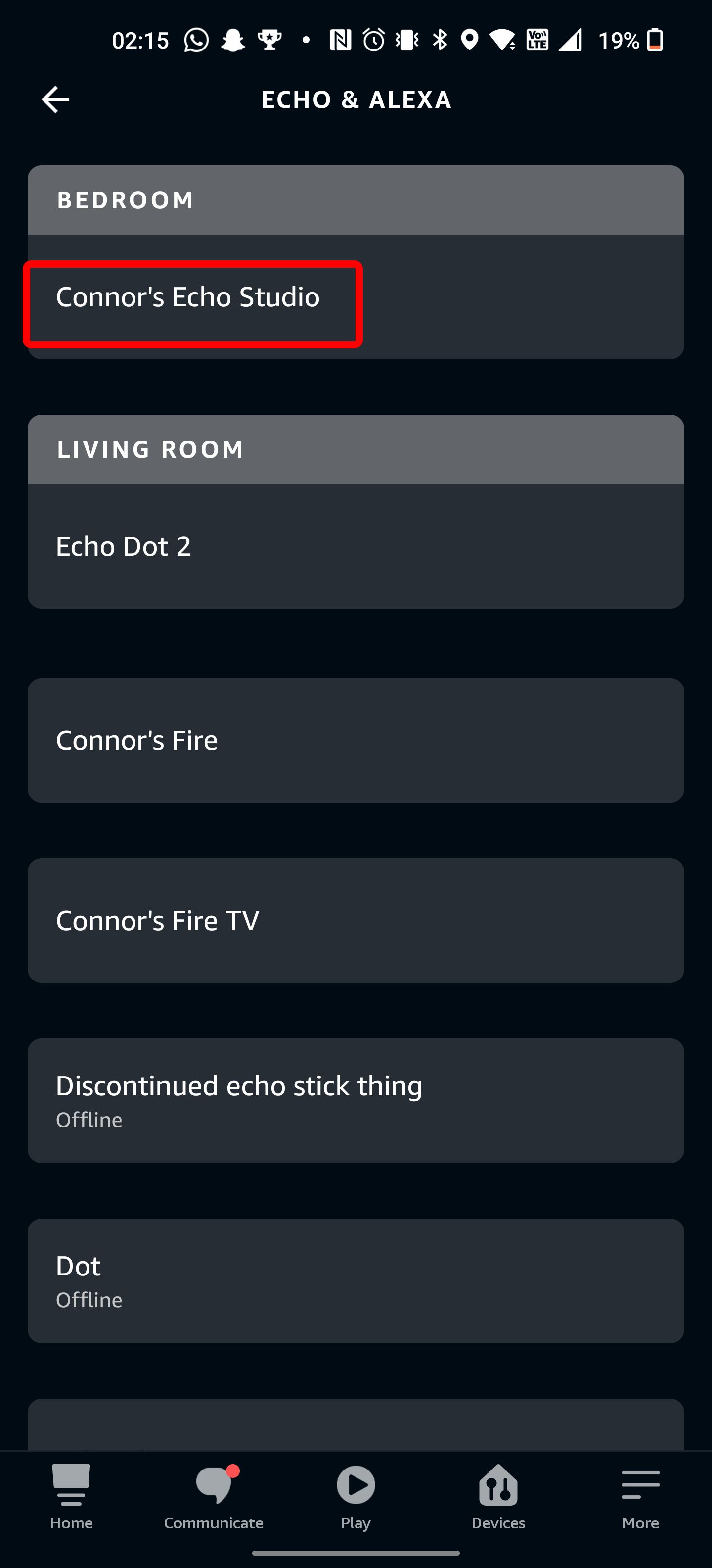 The Alexa app device selection menu.