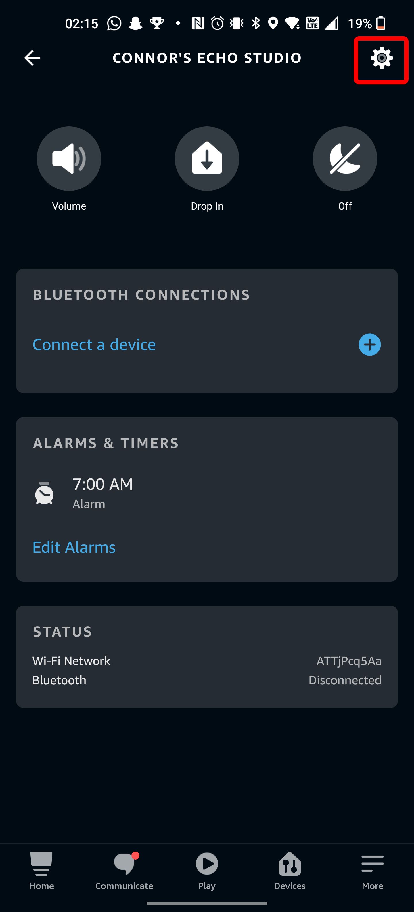 The Alexa app device settings menu.
