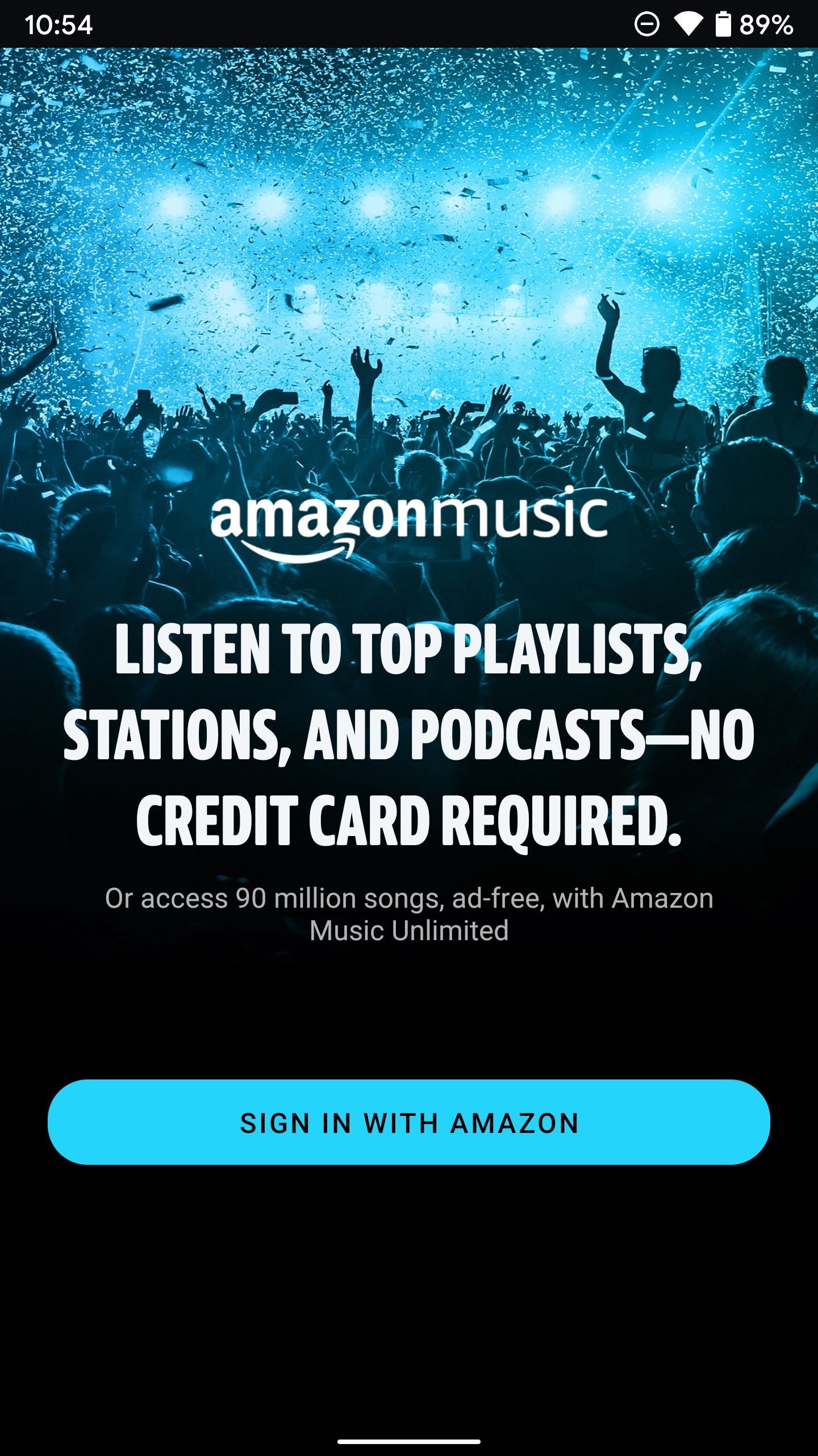 The initial login page of the Amazon Music app.