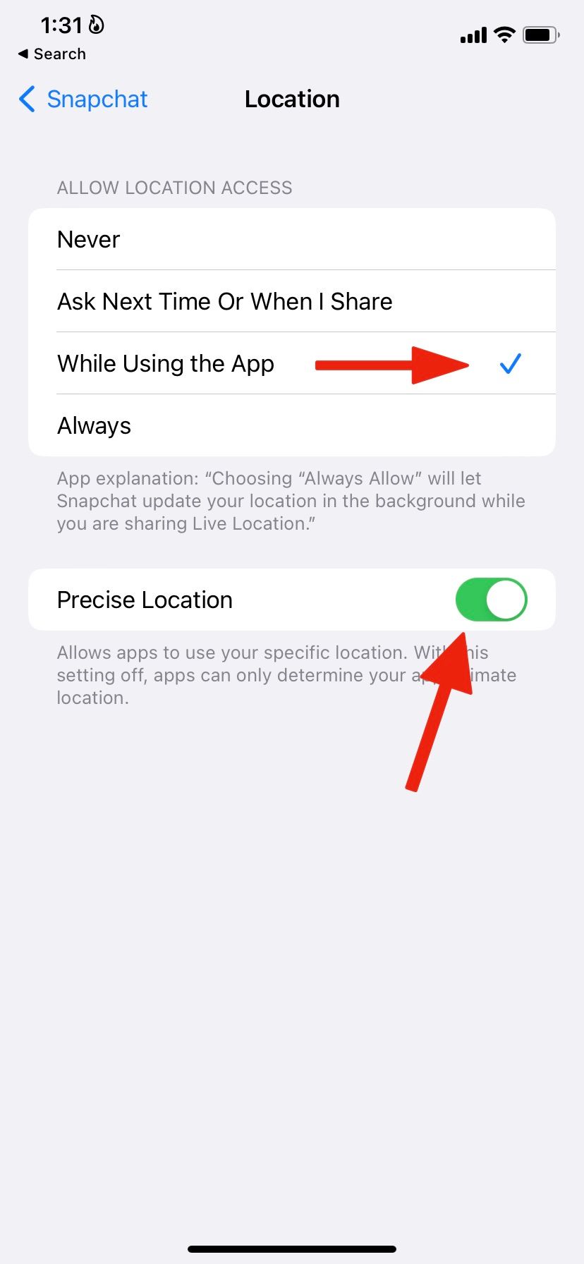 Screenshot highlighting Precise location option for Snapchat