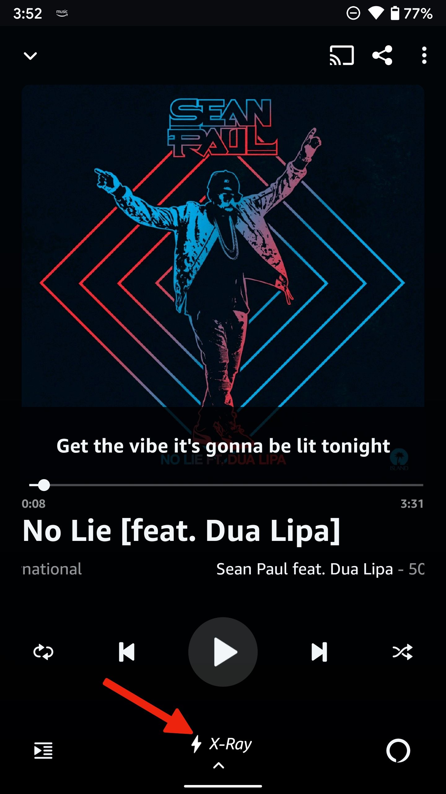 Shows the page for a specific song (No Lie) in the Amazon Music app with an arrow pointing to 'X-Ray' at the bottom.
