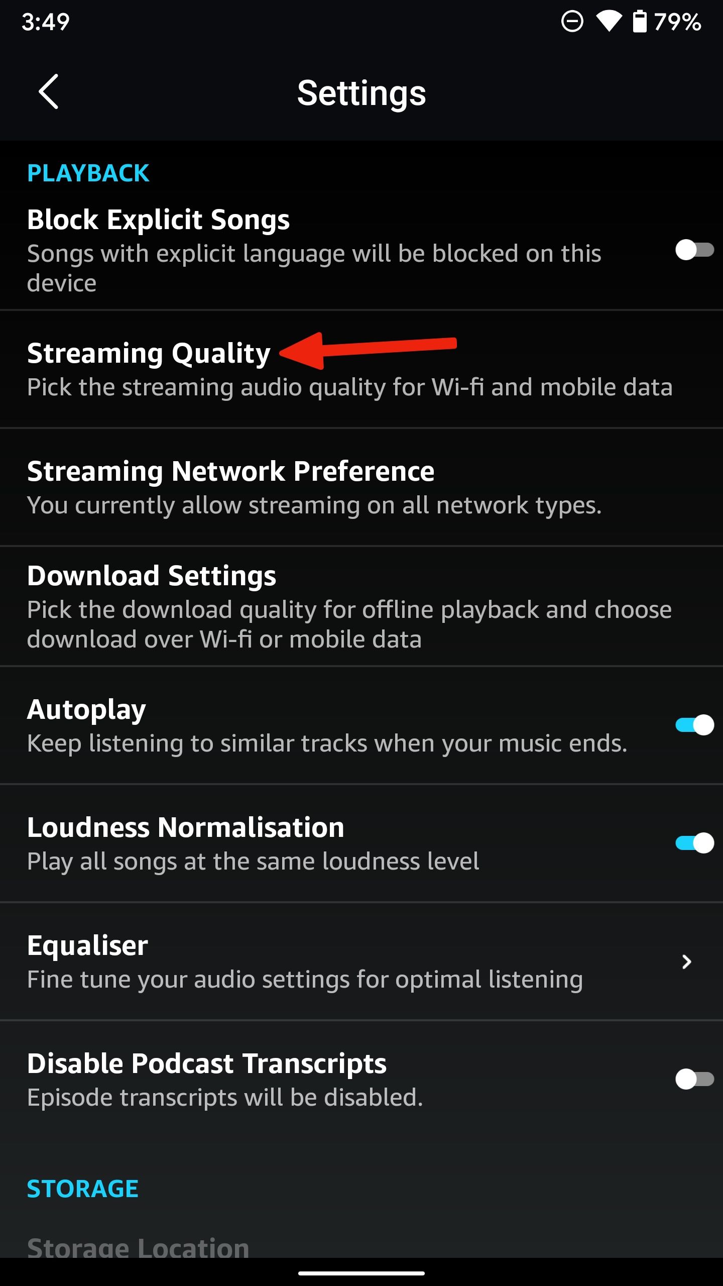 Settings page in the Amazon Music app with an arrow pointing to the option 