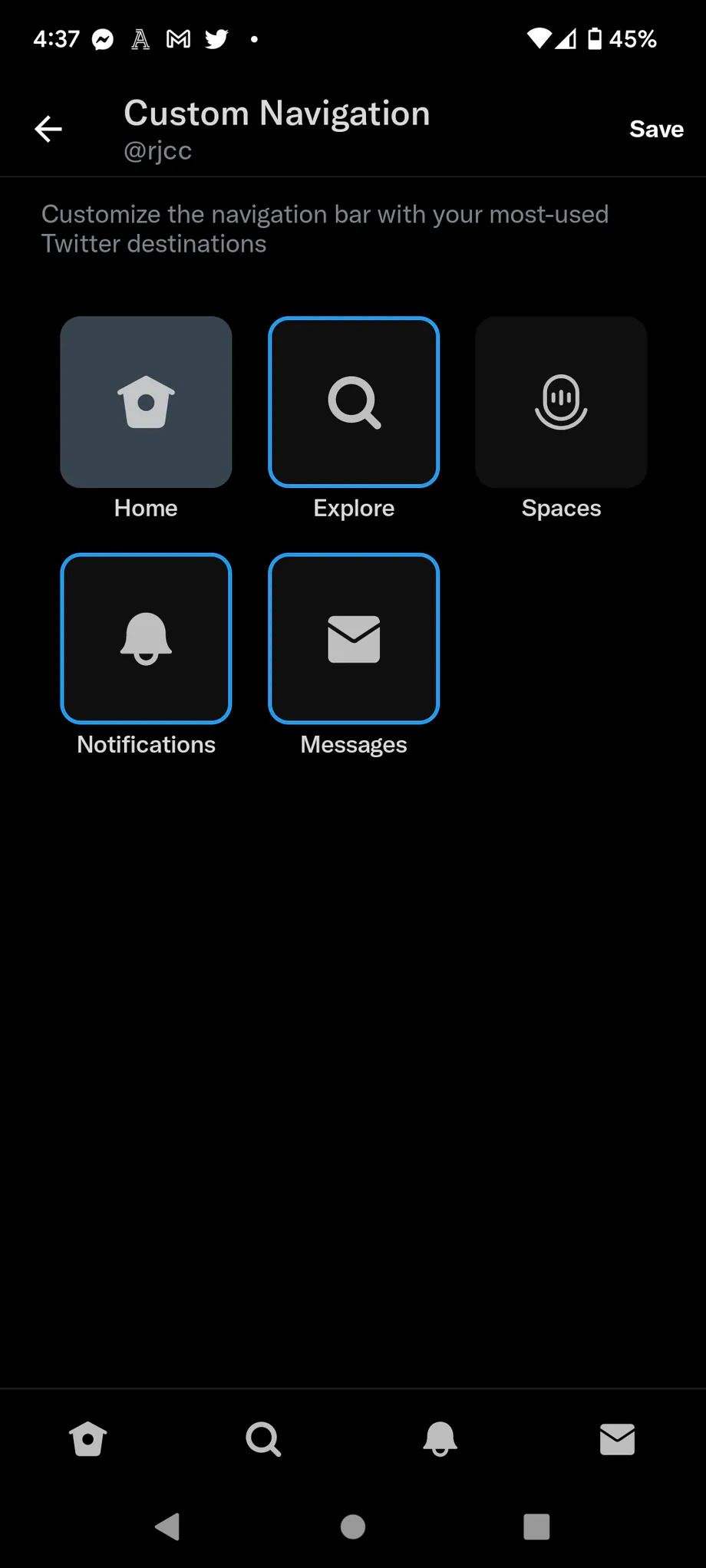 A representation of the Twitter Blue Custom Navigation Android