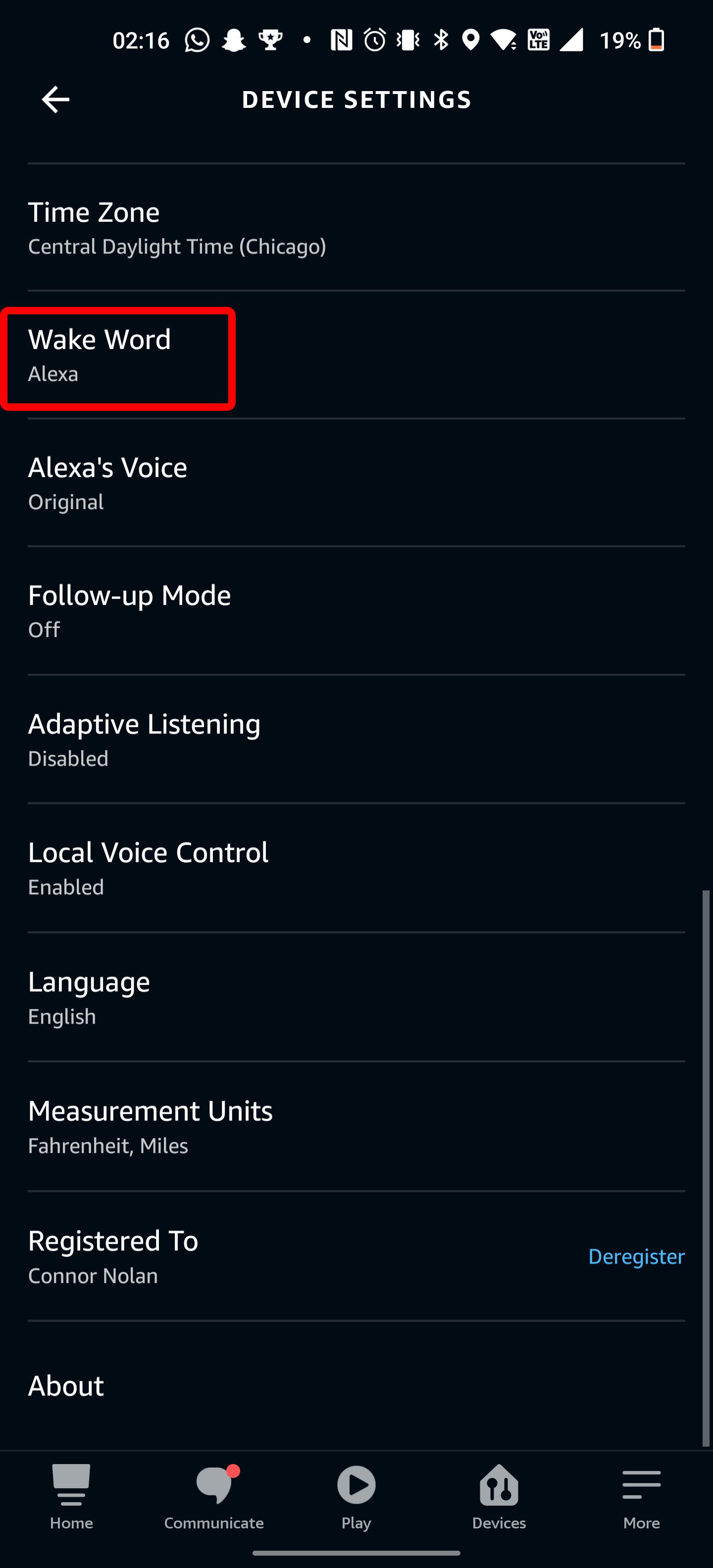 The Alexa app change wake work settings menu.