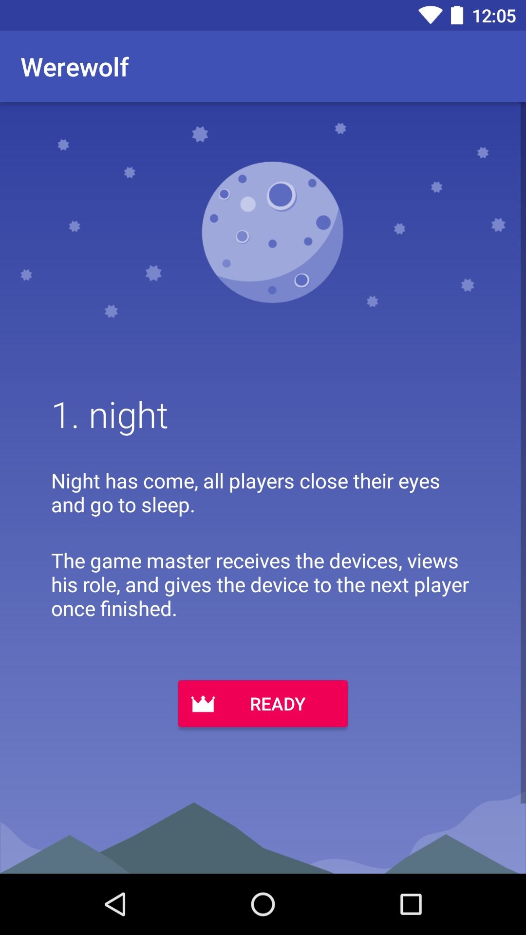 app screen showing blue night sky with moon and superimposed text