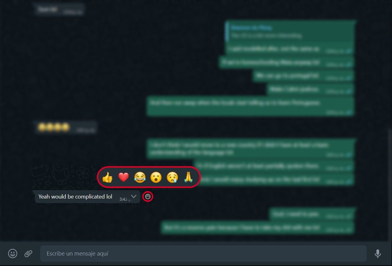 whatsapp web chat with the reaction pop up and the emoji reaction button highlighted