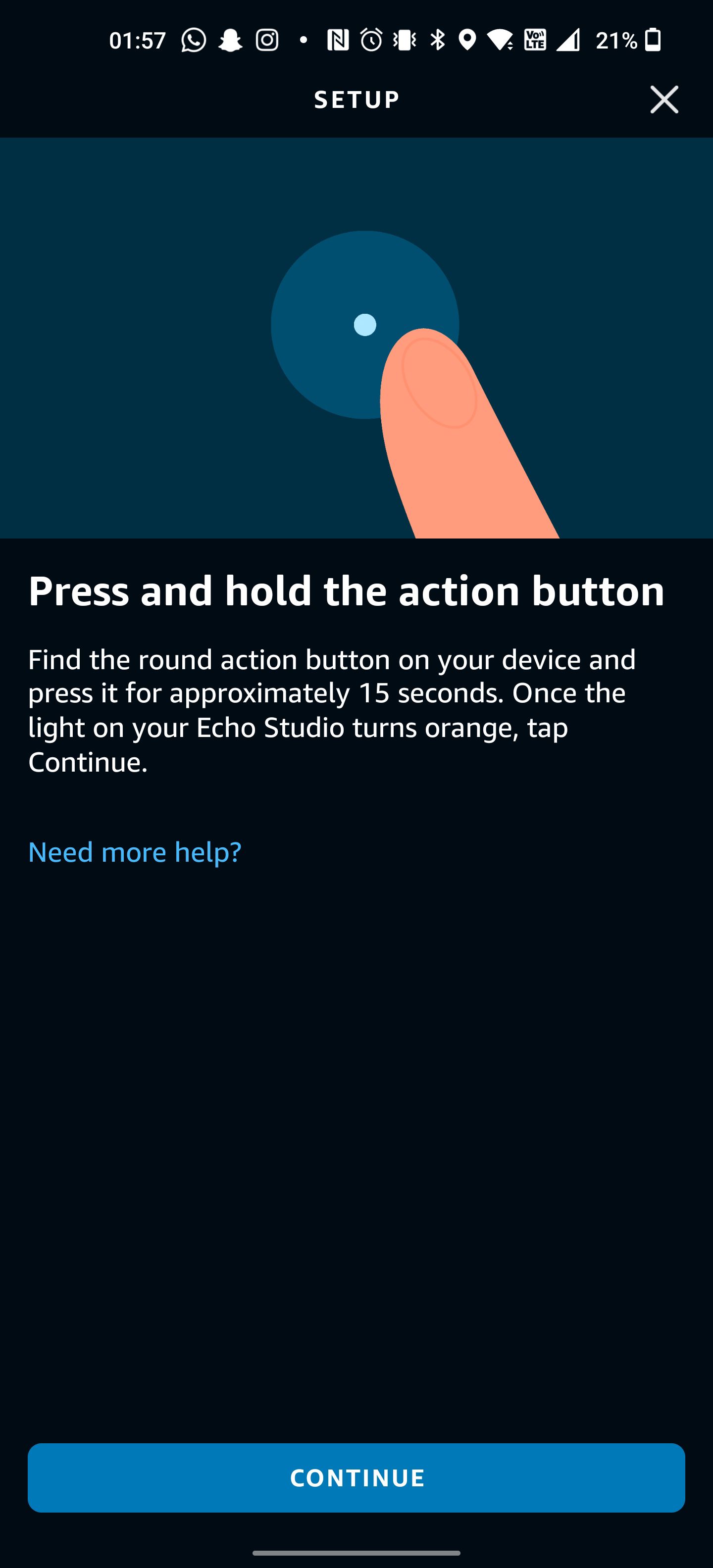 The Alexa app instructions for changing wifi with a big blue Continue button.