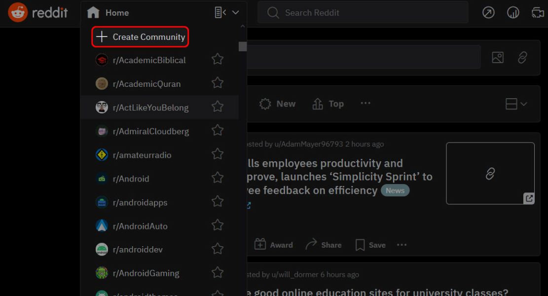 Screenshot highlighting the 'Create Community' option on Reddit