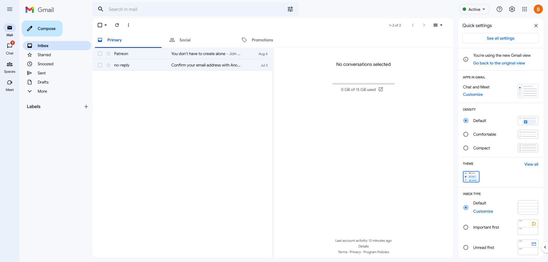 Quick settings menu in the Gmail's new 2022 design