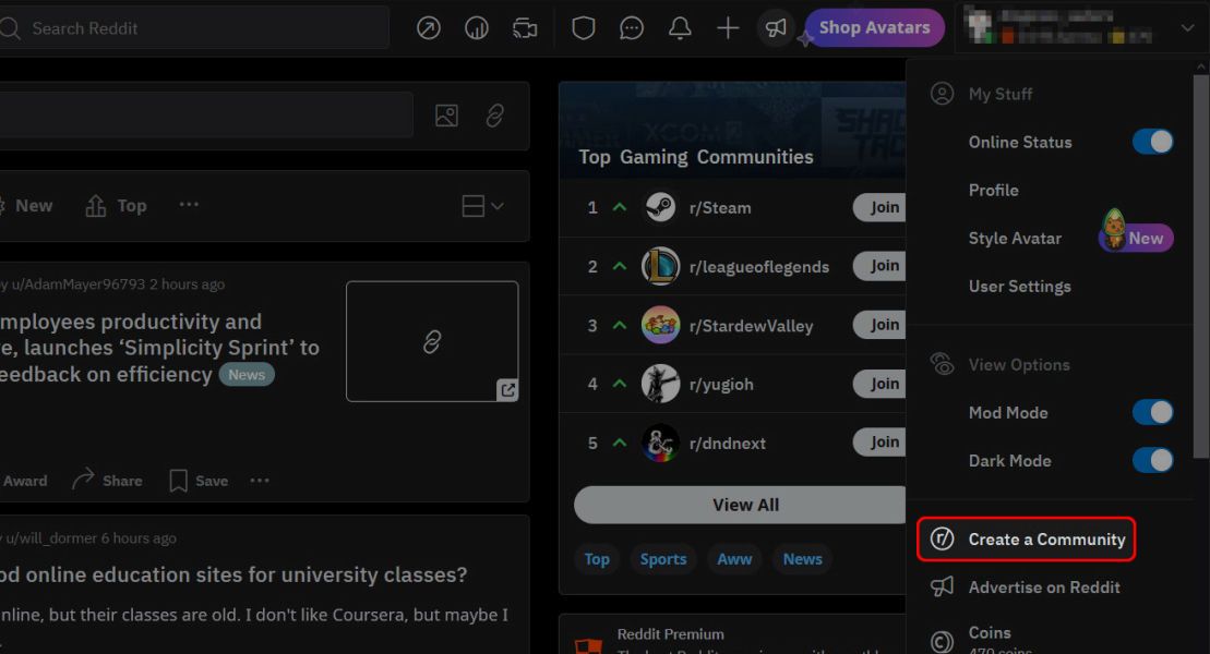 Screenshot highlighting the 'Create a Community' option from the Reddit profile section