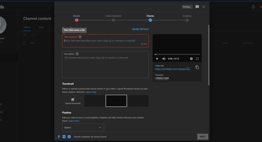 Enter a title for your video in the Details window