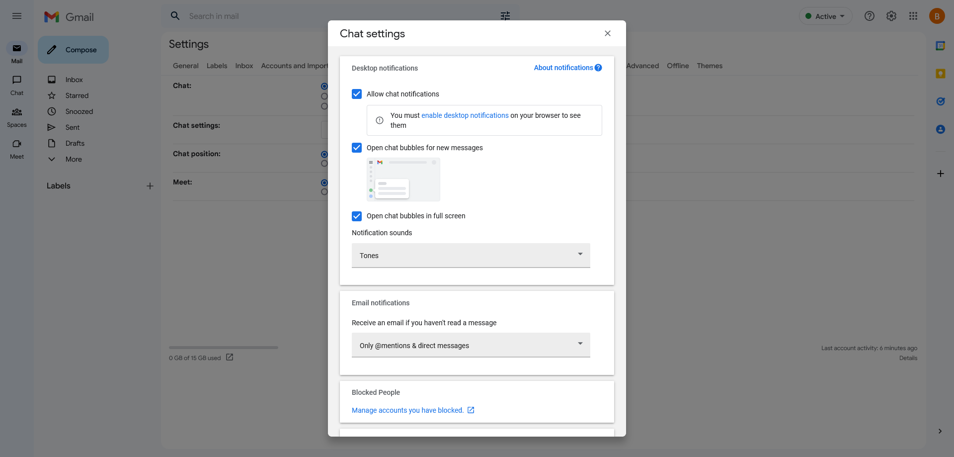 Advanced chat settings in Gmail's new 2022 design