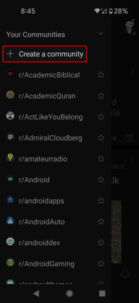Screenshot highlighting 'Create a Community' option on the Reddit mobile app