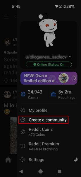 Screenshot highlighting the 'Create a community' option in the profile section of the Reddit mobile