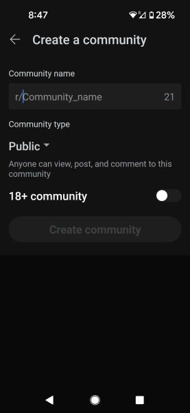 Screenshot of 'Create a community' page on Reddit mobile