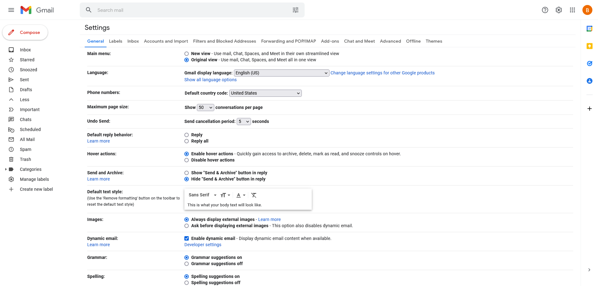 General settings page in Gmail's old design