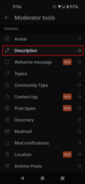 Screenshot highlighting 'Description' under Moderator tools on Reddit mobile app