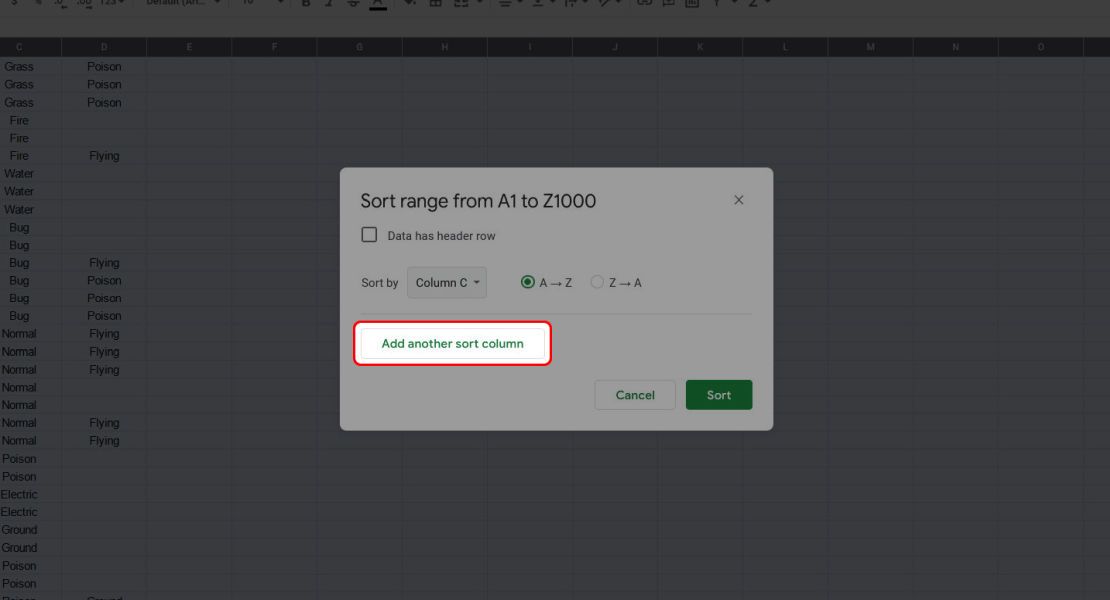 Google Sheets Advanced range sorting window highlighting the Add another sort column button