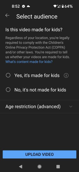 Select whether your video is intended for kids