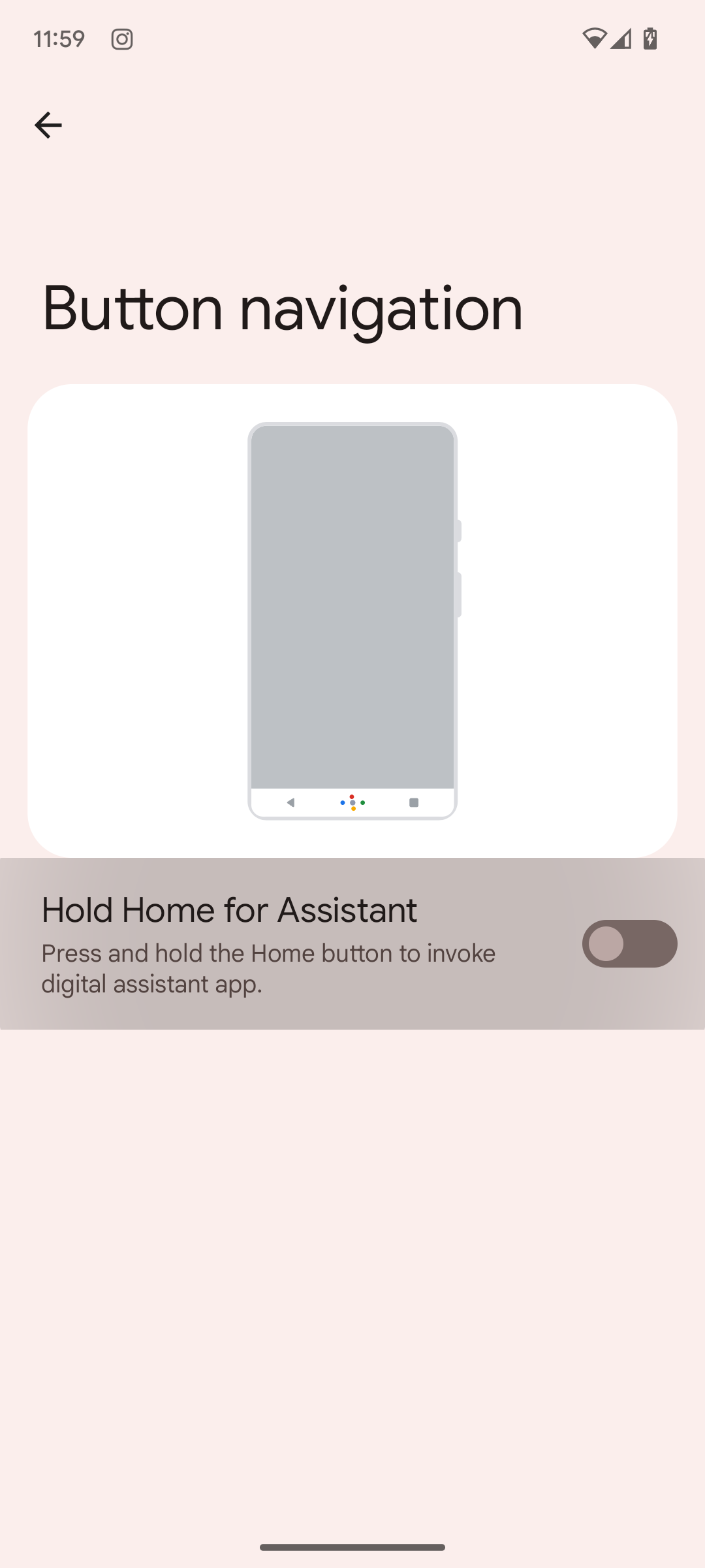 Android 13's button navigation settings with Hold Home for Assistant toggle