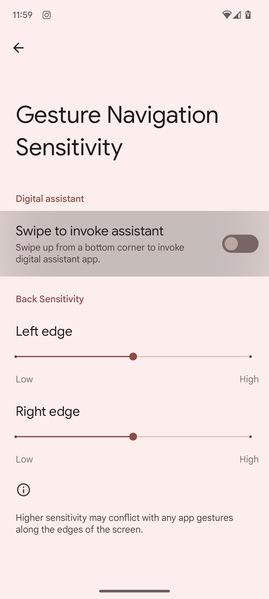 Android 13's gesture navigation sensitivity settings with Swipe to induce assistant toggle