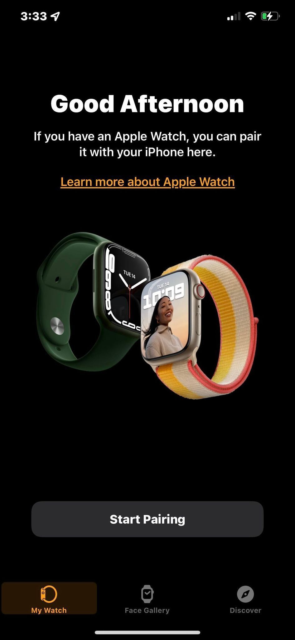 Layar Mulai Memasangkan di aplikasi Apple Watch di iPhone