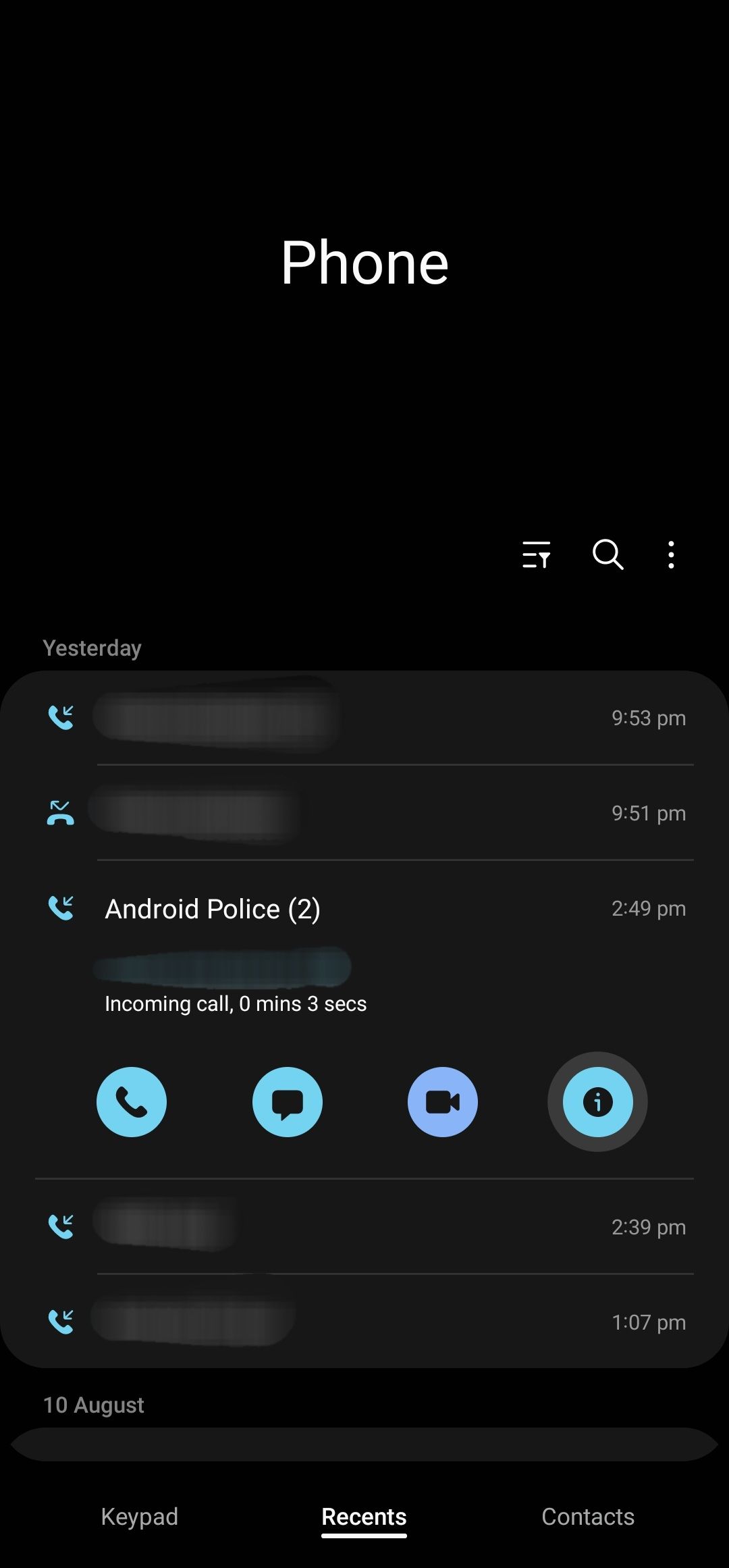 Tela de chamada recente do aplicativo Samsung Phone