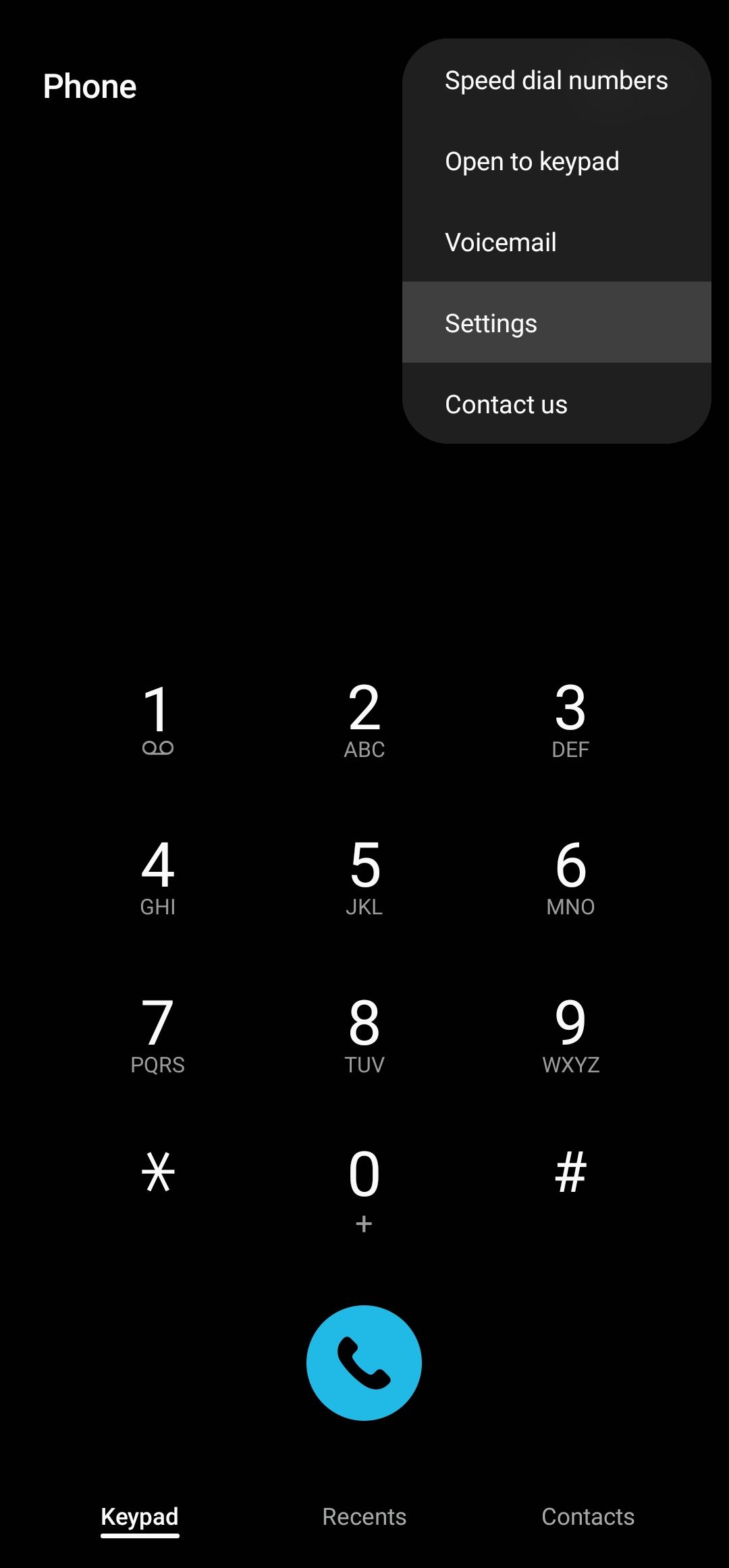 Acessando as configurações na tela do teclado do aplicativo Samsung Phone