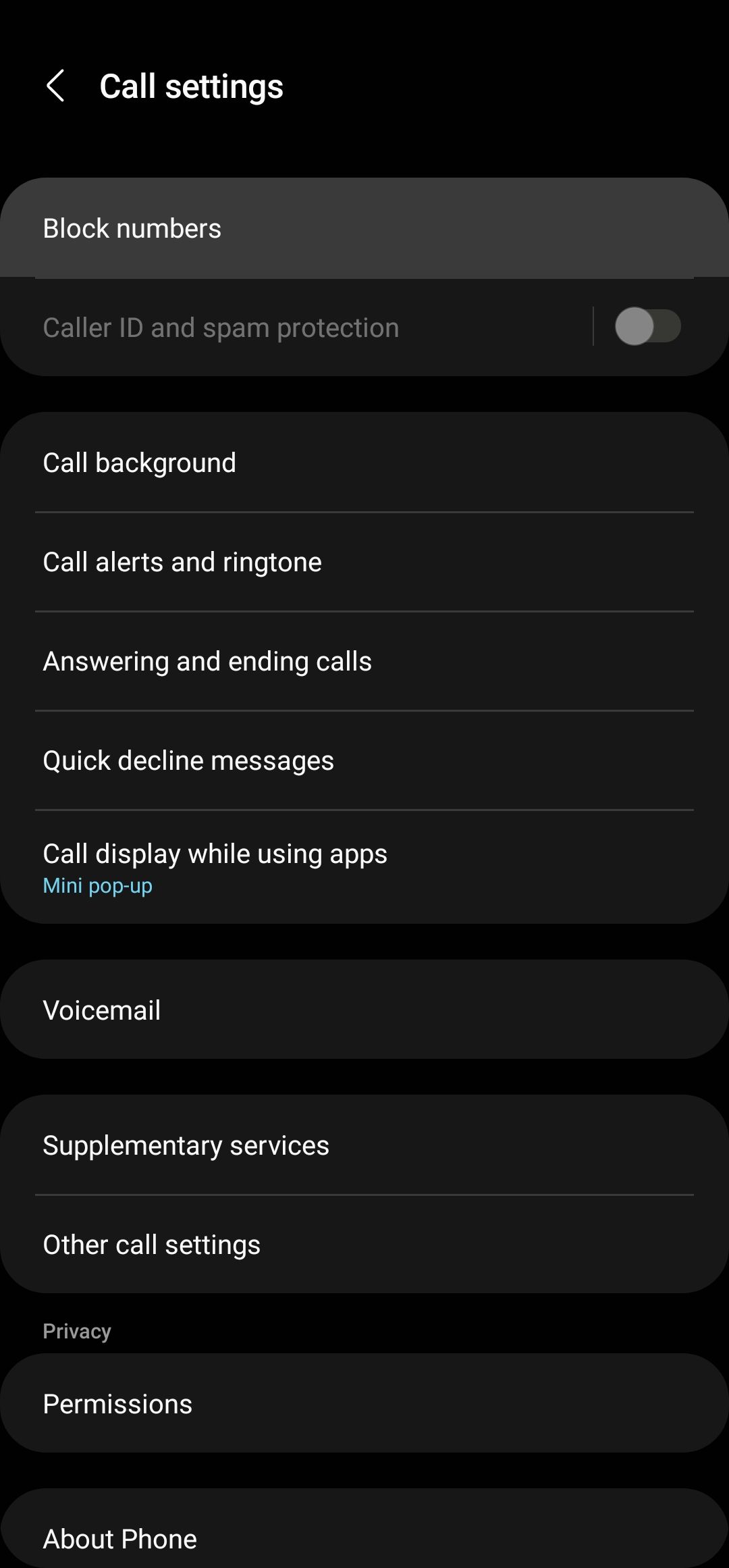 Tela de configurações de chamada do aplicativo Samsung Phone