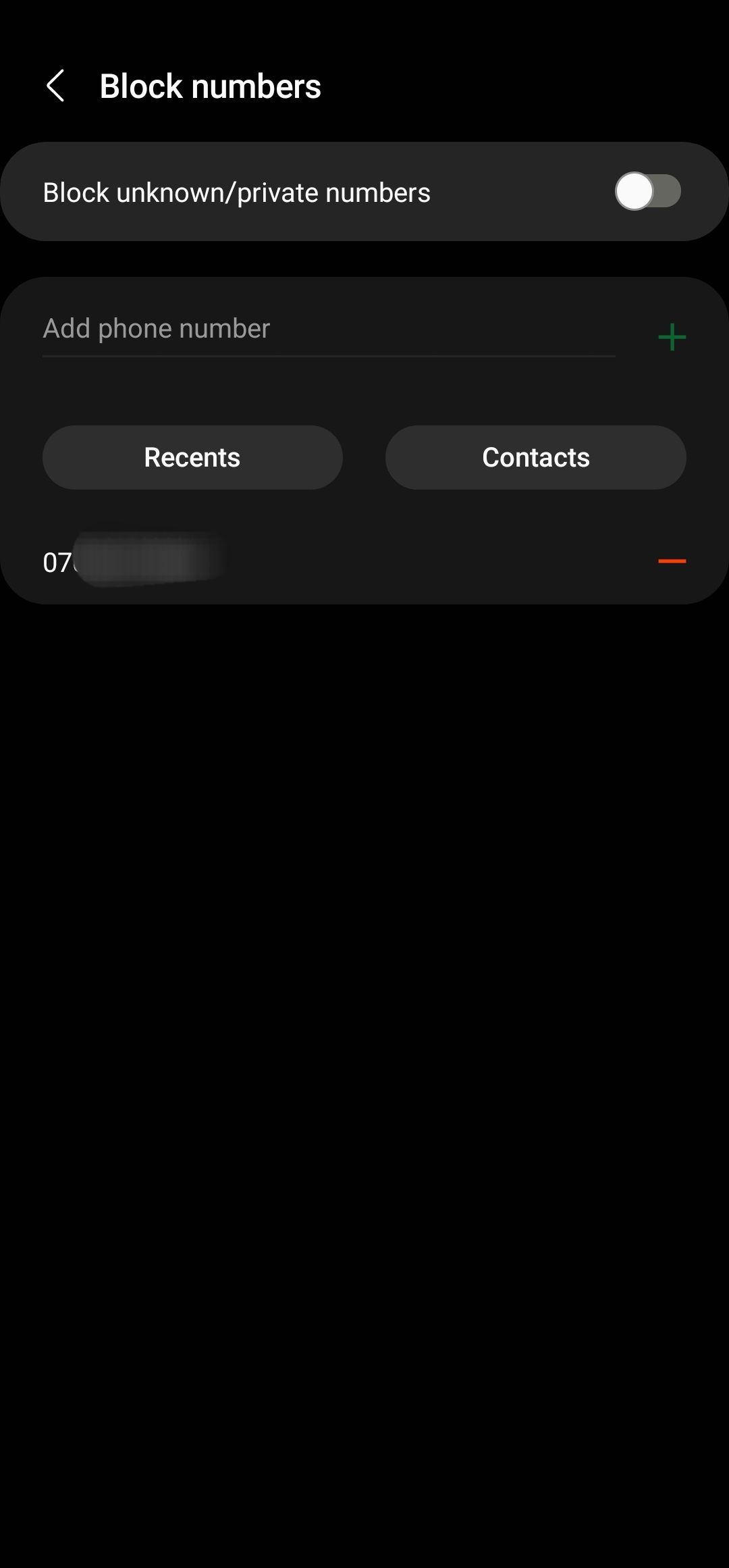 Tela de números de bloqueio do aplicativo Samsung Phone