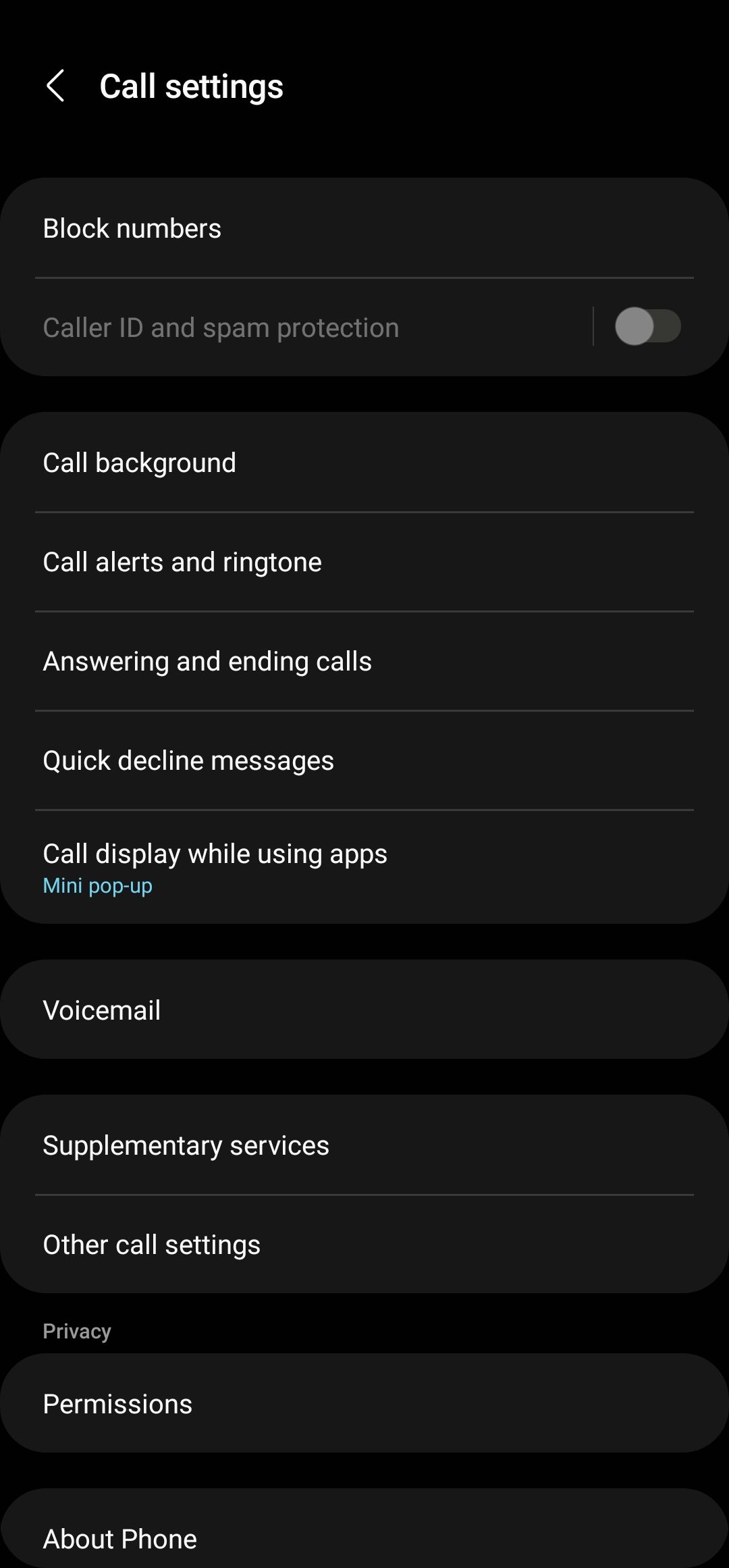 Tela de configurações de chamada do aplicativo Samsung Phone