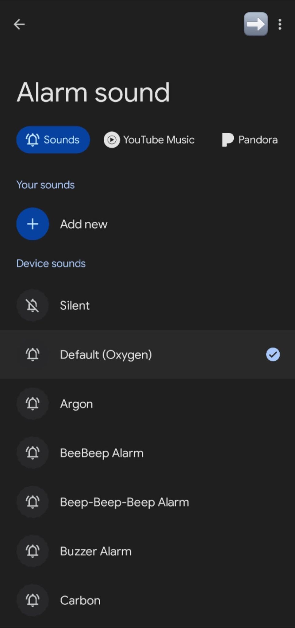 Screenshot showing alarm sound options (Clock options, Spotify, etc.).