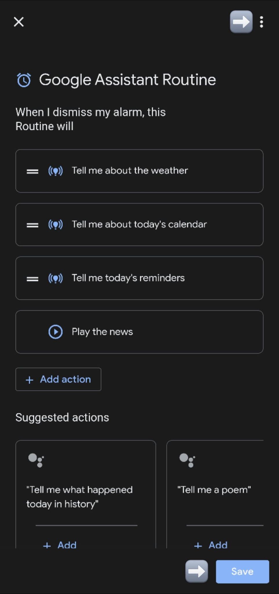Screenshot showing Clock's Google Assistant Routine alarm customization menu.