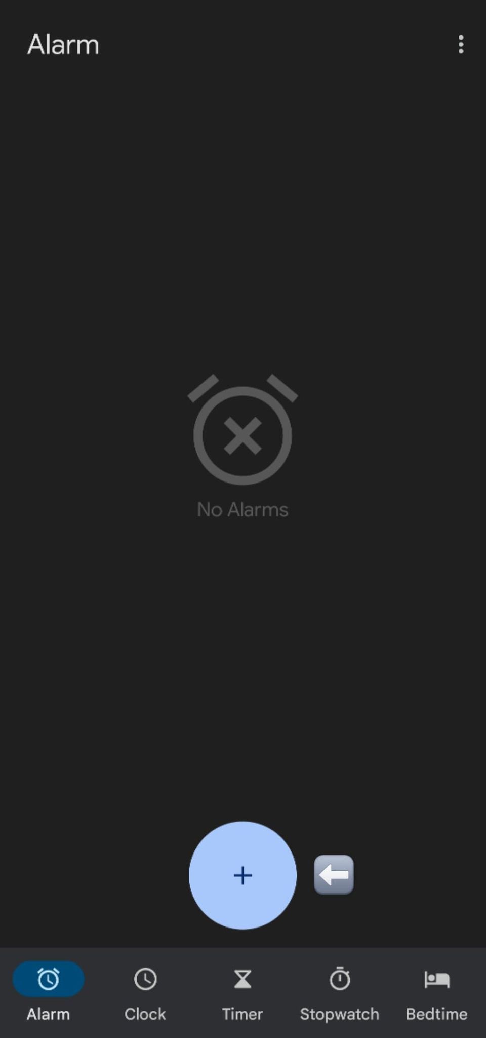 Screenshot of + button for adding alarm in clock.