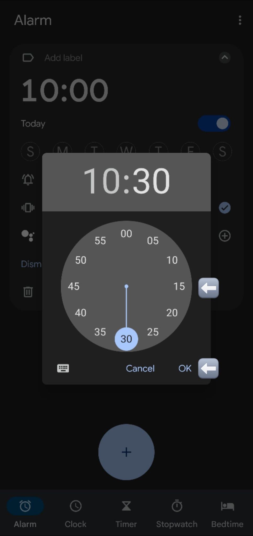 Screenshot of adjusting the set alarm time.
