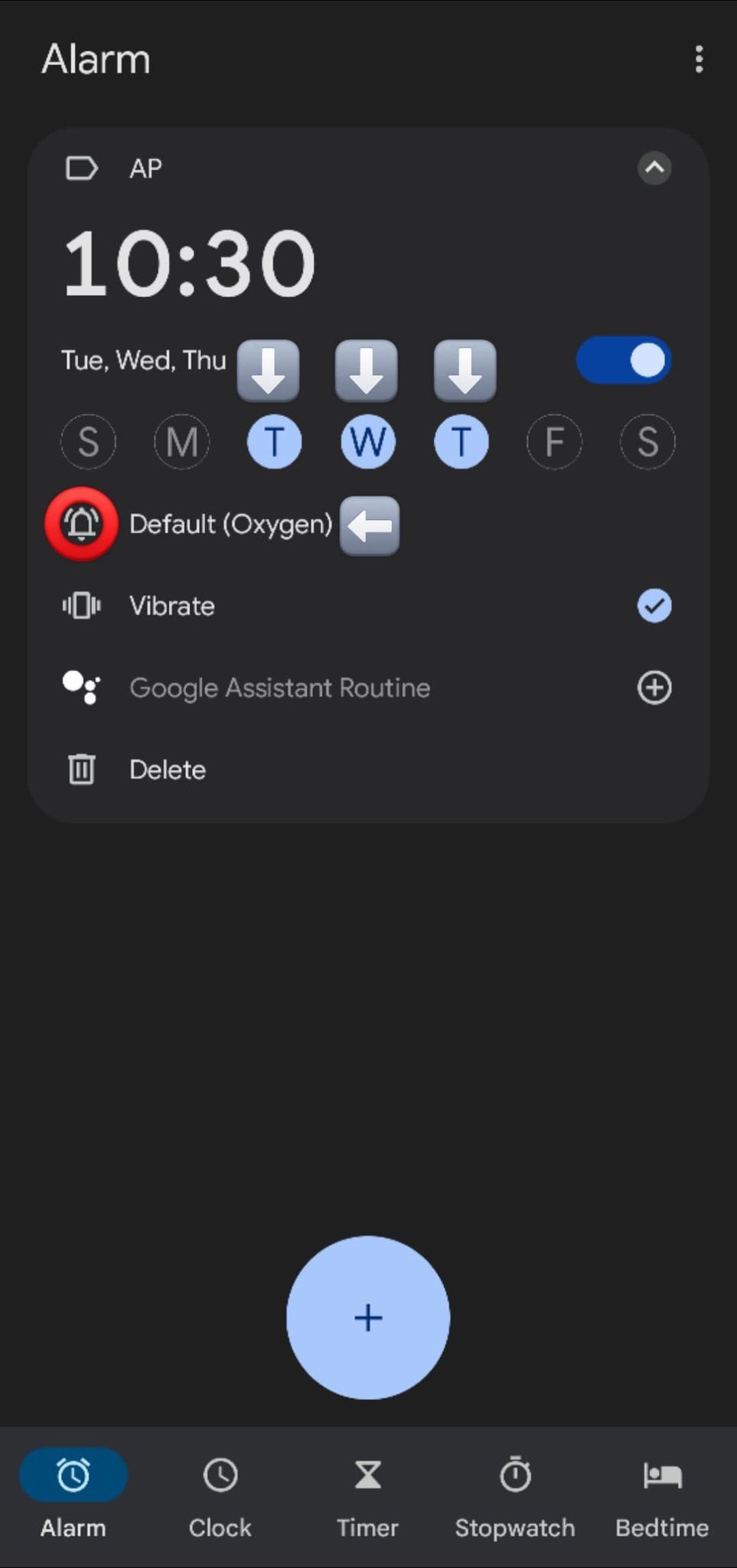 Screenshot showing weekday scheduling and alarm sound customization buttons.