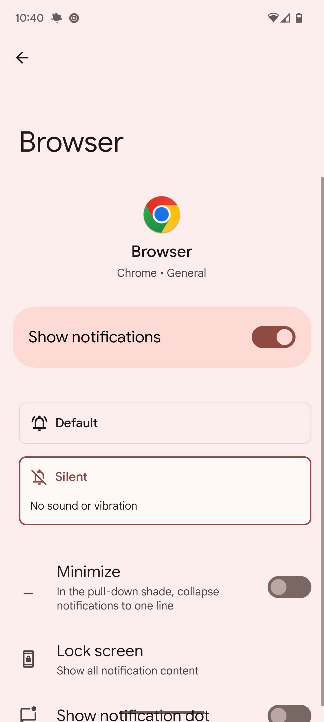 A screenshot of the Pixel notifications menu for Chrome with the Silent option chosen.