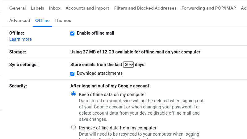 Bagian pengaturan offline di Gmail